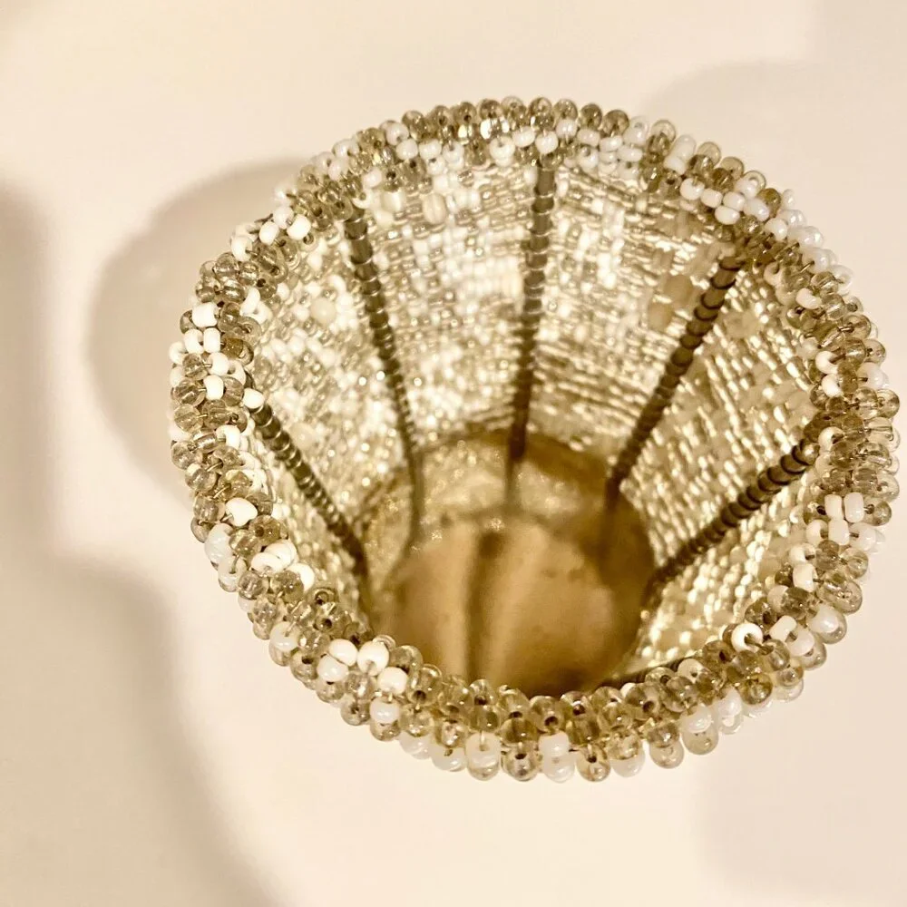 Vintage Glass Beaded Votive‎ Candle or Tea Light Holder with Seed Beading, 3